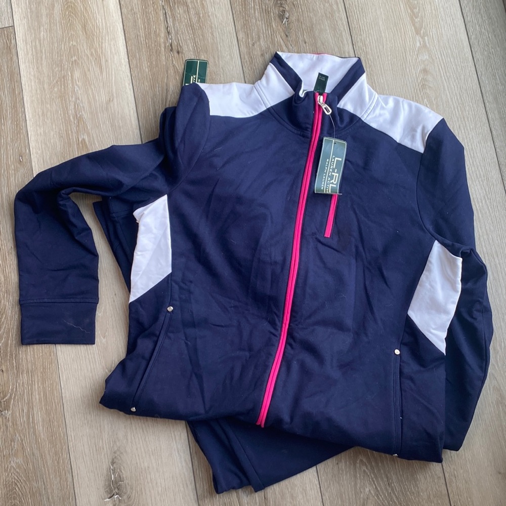 Ralph Lauren Navy Blue White Athletic Jacket with Pink Trim